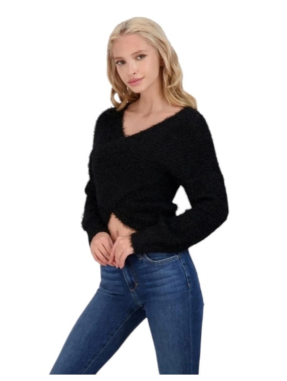 Made With Love FCT Black Eyelash Deep V-Neck Fuzzy Cropped Wrap Sweater XL